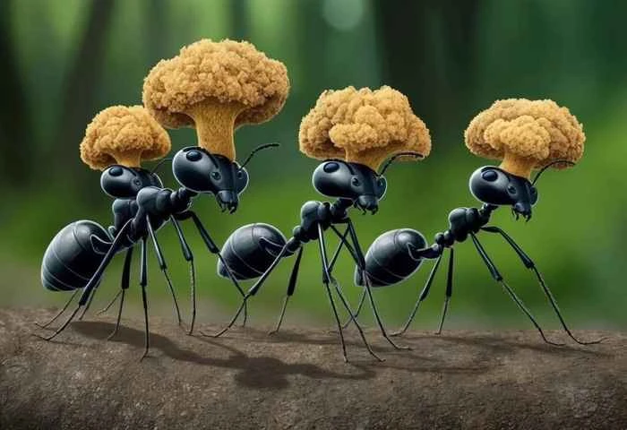The symbiotic relationship between ants and brain-eating fungi: a story that is both fascinating and terrifying.